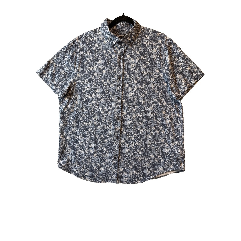 Express Mens XL Short Sleeve Button Down Casual Shirt Blue Grunge Abstract Print